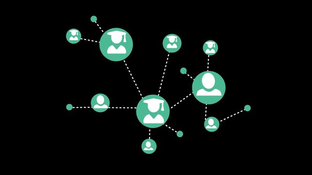 Network circular icons with user and graduation cap silhouettes connected by dotted lines animation