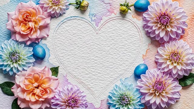 Floral arrangement forming heart shape on surface top down view. 4K Video