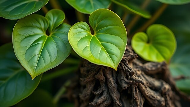 Close-up of a kava plant's heart-shaped leaves and textured root.