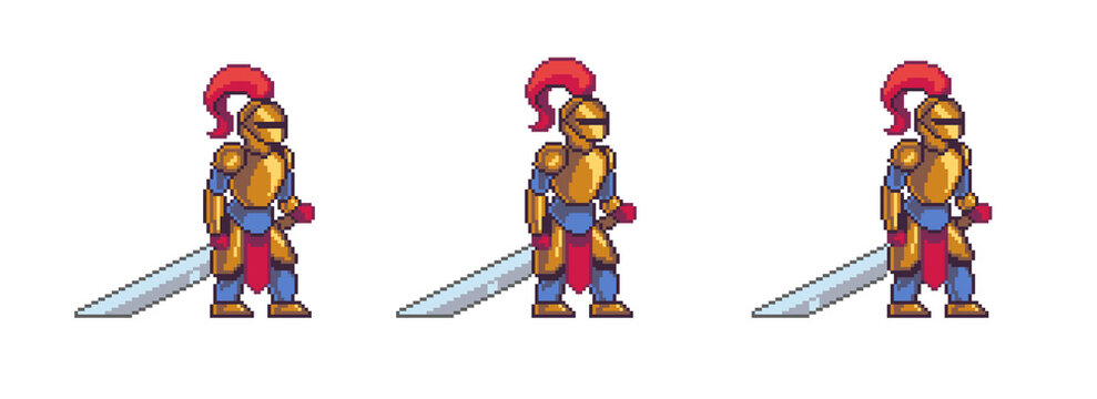 Pixel art paladin knight animation sprite sheet for 2D games. Retro 8-bit hero action sequence with sword and magic.