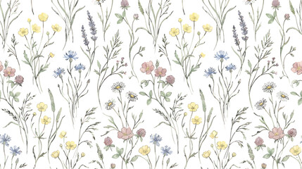 Fototapeta premium Watercolor wildflower meadow pattern with delicate field herbs and colorful blossoms on a white background vector illustration