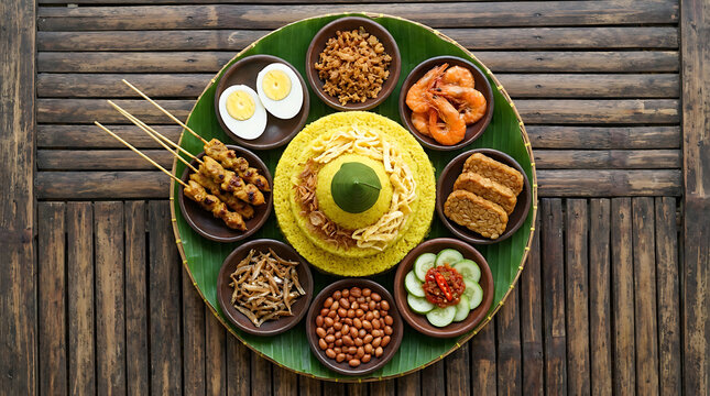 Traditional Indonesian tumpeng nasi kuning meal served on banana leaf with various side dishes on wooden background.