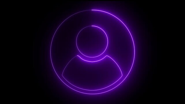 Glowing purple color neon user profile avatar icon showing a young man inside a circular frame isolated on black background 4k video