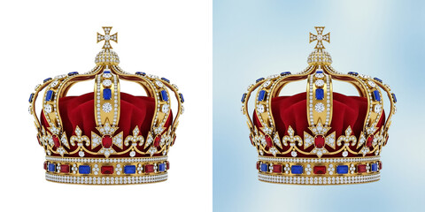 Elaborate golden royal crown with red velvet lining and embedded blue and red gemstones isolated on a white background, for fantasy themes isolated on a transparent background © SP Creative Lens