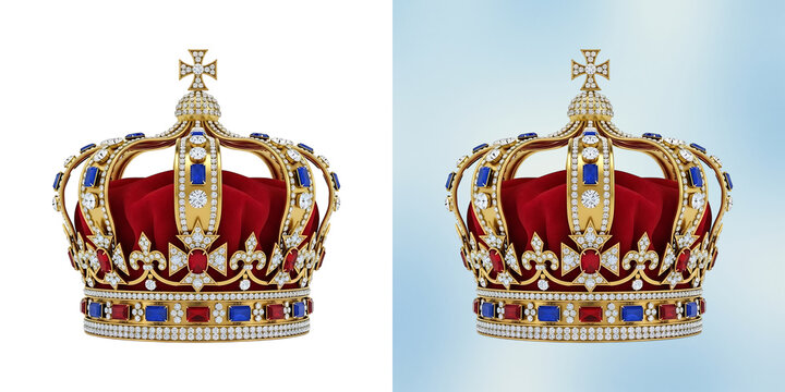 Elaborate golden royal crown with red velvet lining and embedded blue and red gemstones isolated on a white background, for fantasy themes isolated on a transparent background