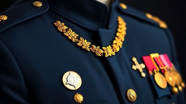 Gold epaulettes and medals on dark blue dress uniform.