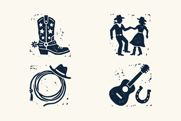 Vintage Western Linocut Illustration Set Featuring Cowboy Boot Lasso Dancing Couple and Guitar