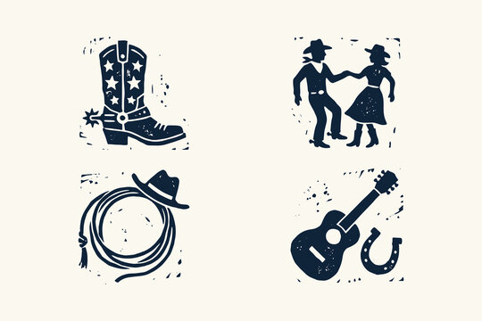 Vintage Western Linocut Illustration Set Featuring Cowboy Boot Lasso Dancing Couple and Guitar