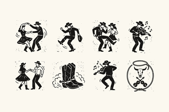 Vintage Retro Cowboy Square Dancing and Country Music Linocut Illustration Set