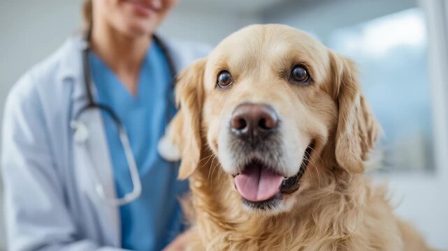 Happy golden retriever sits calmly while veterinarian conducts health examination in bright clinic. Scene highlights responsible pet ownership, importance regular veterinary visits for dogs