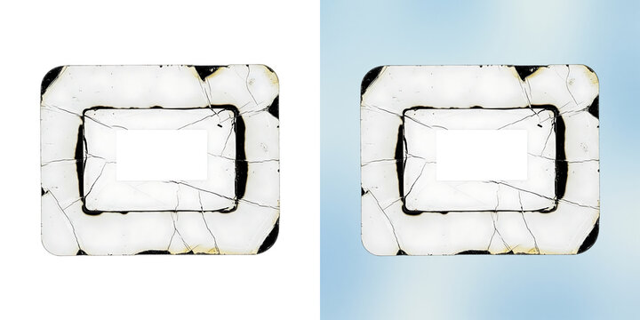 Rectangular frame with cracked white surface and black edges, isolated on a white background, distressed texture for or text display isolated on a transparent background