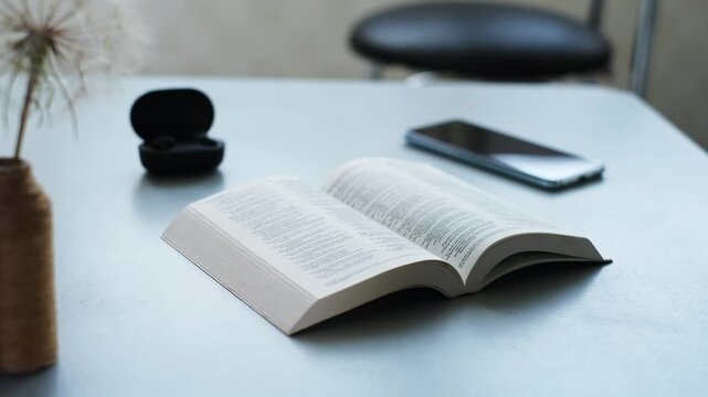 Open bible on a table near a phone and earbuds in a quiet room
