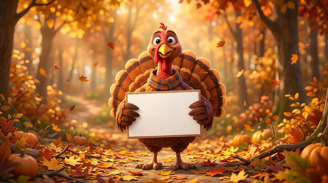 Charming turkey with blank sign for thanksgiving day festive autumn illustration
