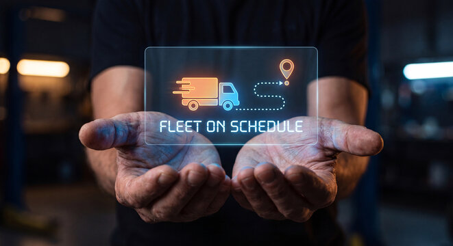 man holds glowing truck interface above open hands to track fleet delivery status, monitor logistics route, manage transport schedule, verify cargo shipment, and optimize supply chain efficiency
