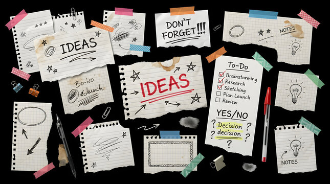 Brainstorming Session: A collection of torn paper notes with handwritten ideas, sketches, to-do lists, and reminders, taped to a dark surface, symbolizing creativity and planning.