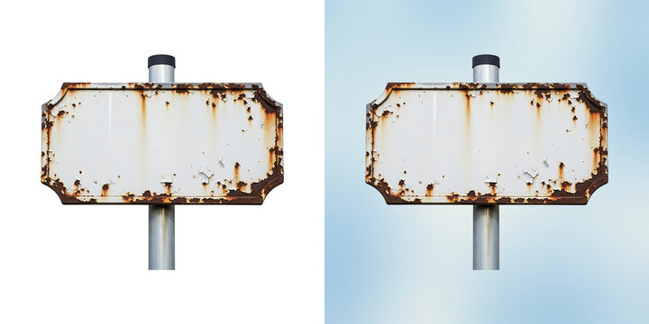 Rectangular white metal road sign with heavy rust corrosion on the edges mounted on a silver pole isolated on a white background isolated on a transparent background