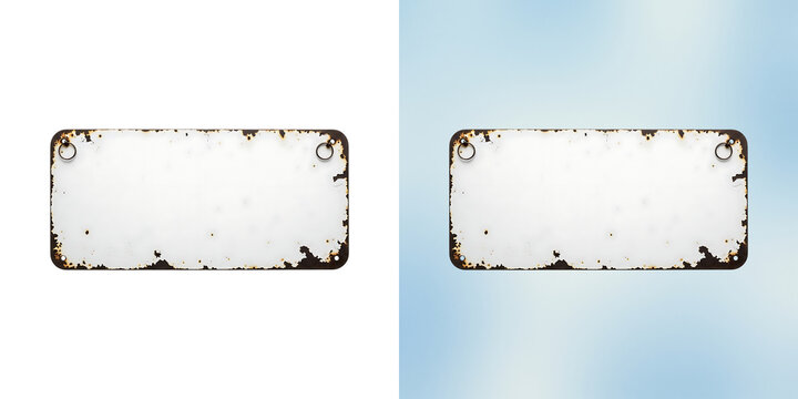 Rectangular white metal sign with rusted edges and two small metal rings for hanging isolated on a white background, for signage use isolated on a transparent background