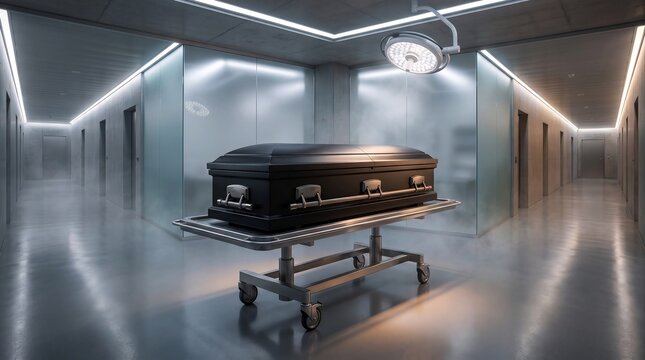Closed Coffin on Mortuary Transport Table in Modern Forensic Facility Corridor with Blurred Background