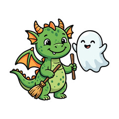 Naklejka premium Cute baby dragon carrying a broomstick. Fantasy creature in a whimsical scene.