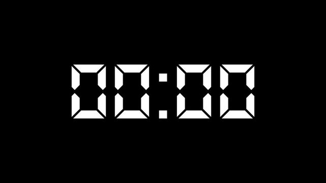 Digital countdown timer counts down from three to zero seconds against a black and white striped background.