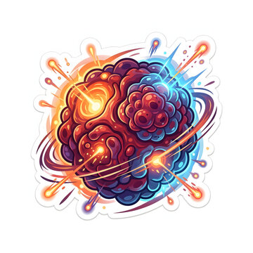 A spherical cosmic entity split into red and blue sections with glowing light particles and orbital rings. Ideal for representing hot and cold or dual concepts.