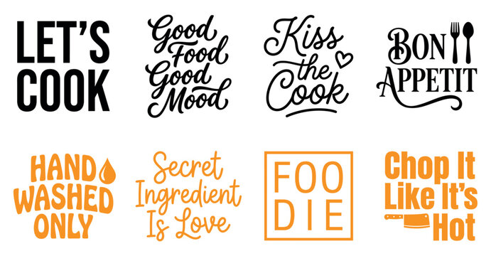 Set of kitchen quotes and cooking phrases for home decor and posters with stylish typography and design Minimal Typography text bundle collection. Editable Vector Illustration Mega pack