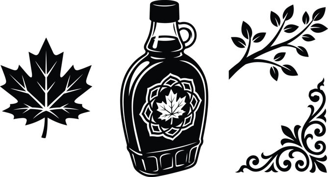 A intricate array of black and white vector graphics featuring a maple leaf and syrup bottle.
