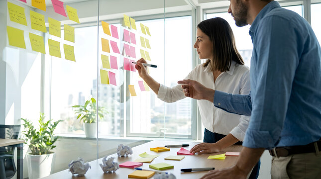 Brainstorming Session: A female and male colleague collaborate on a project, using sticky notes on a glass wall to brainstorm ideas.