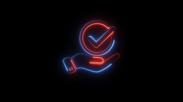 Neon glowing hand with check mark symbol as successful task completion animation motion.