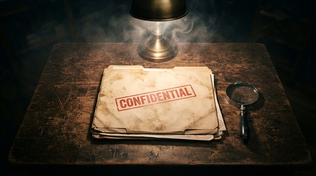 A stack of old paper folders with a confidential stamp on a dark wooden desk under a warm lamp with a magnifying glass lying to the side