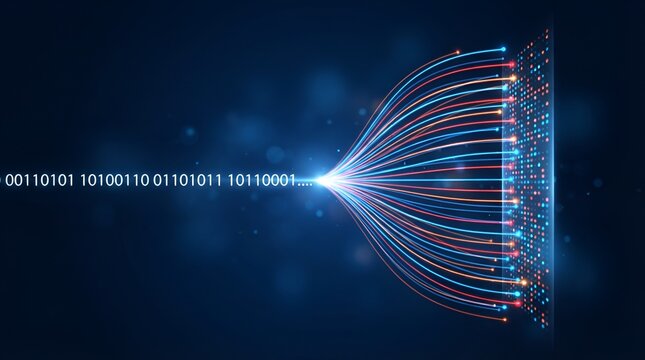 A stream of binary code digits flowing into a glowing data processing interface with light trails representing information transfer and analysis