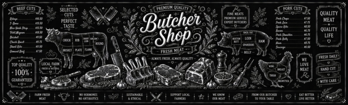 Vintage butcher shop chalkboard banner with hand drawn meat cuts livestock diagrams and prices