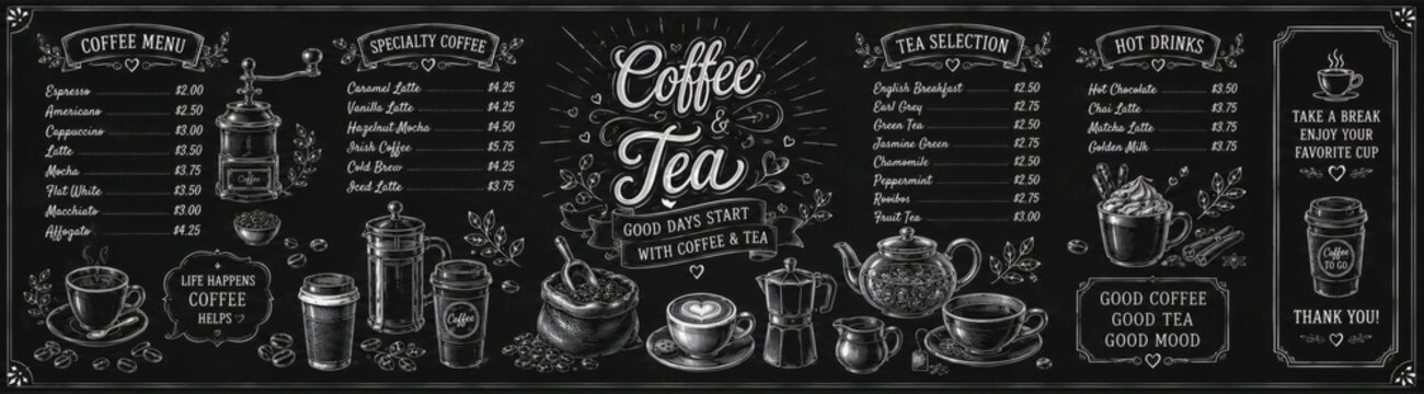 Coffee and tea menu banner hand drawn on vintage black chalkboard surface
