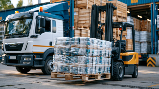 Delivery truck being loaded with shrink wrapped pallets at a distribution warehouse, realistic freight handling operation, ultra photorealism, cinematic color correction, natural uneven lighting yet