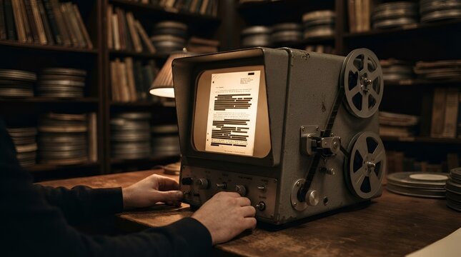 A person using a vintage microfilm reader machine to examine a document in a dark library filled with shelves of old reels and books