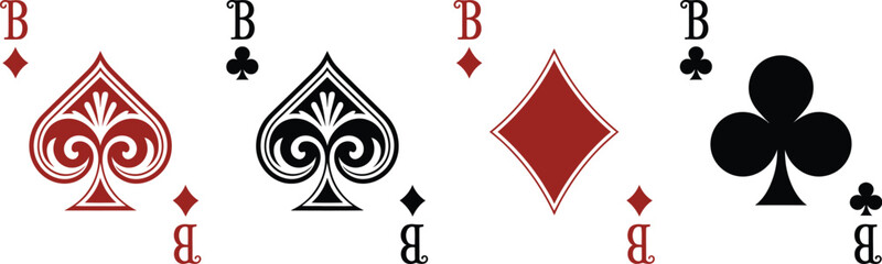 Fototapeta premium Playing card, suit icon set, decorative filigree hearts, spades, diamonds, clubs symbols, elegant casino theme, poker, gambling, luxury ornament, modern vector illustration
