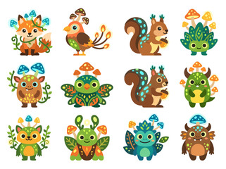 Fototapeta premium Kawaii forest monsters and magical woodland animal characters