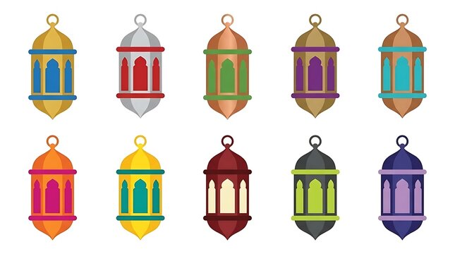 Flat vector icons of colorful traditional Ramadan lanterns.