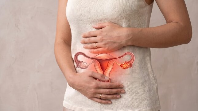 Female hands over lower abdomen with uterus anatomy overlay showing healthy ovaries and reproductive organs, representing fertility, gynecological examination and reproductive wellness