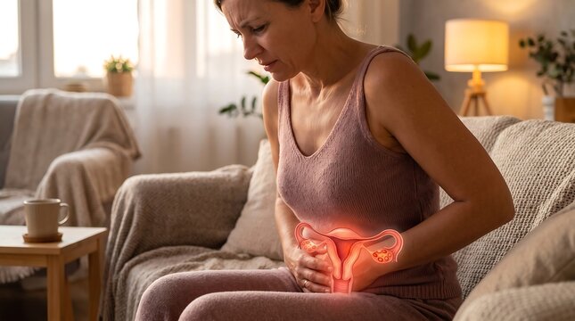 Woman experiencing severe pelvic pain at home with glowing uterus anatomy overlay illustrating menstrual cramps, endometriosis, ovarian disorders and women's reproductive health