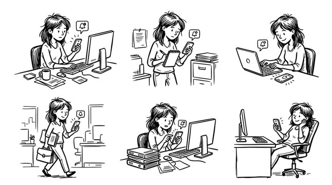 Woman juggling work and phone notifications in various office scenarios