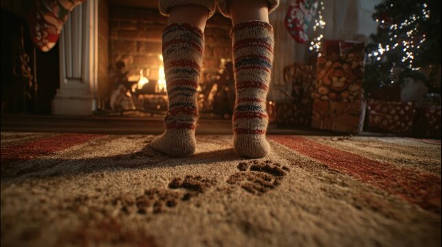 child discovering Santa footprints by fireplace Christmas morning,