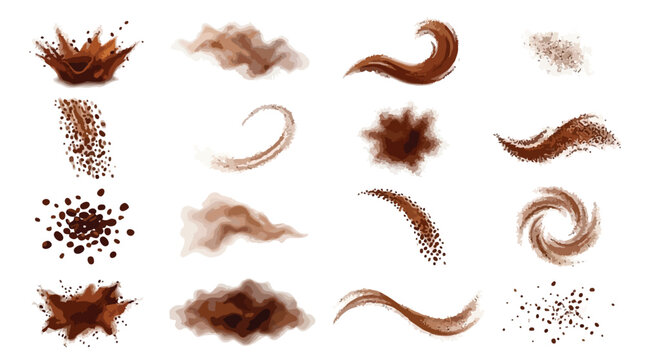 Chocolate splash and cocoa powder explosion set. Realistic brown liquid swirls and coffee dust clouds. 16 vector food design elements.