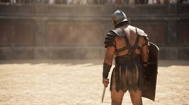 Roman gladiator holding a sword and shield facing the stadium wall