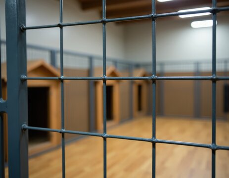 Steel wire mesh fence in pet dog kennel facility. Metal grid partition divides interior area with wooden dog houses for pets. Industrial cage construction provides safety security. Animal shelter