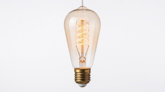 Vintage edison light bulb hanging against white background with glowing filament with vertically glowing spiral displays vintage illumination
