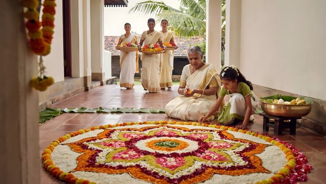 Happy Onam Festival Pookalam Floral Carpet Traditional Kerala Celebration Family
