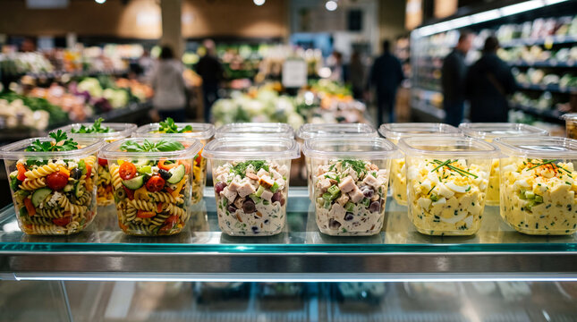 Fresh prepackaged salad containers on display at a grocery store.
