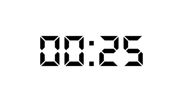 Countdown Digital Clock Animation 25 to 0 second Countdown digital clock timer icon.Animation of glowing 25 to 0 second countdown timer. minute stopwatch , analog clock icon animation. 4k video