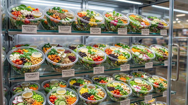 Fresh prepackaged salads on display in a refrigerated grocery store aisle.